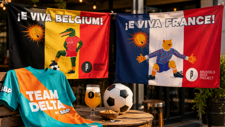 Drapeaux personnalisés Coupe du Monde pour l’activation Belgique-France de Brussels Beer Project